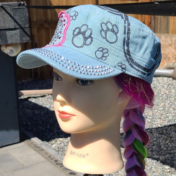 New Ladies Lt Blue Denim & Pink Paw BLING Hat - Picture 3 of 4